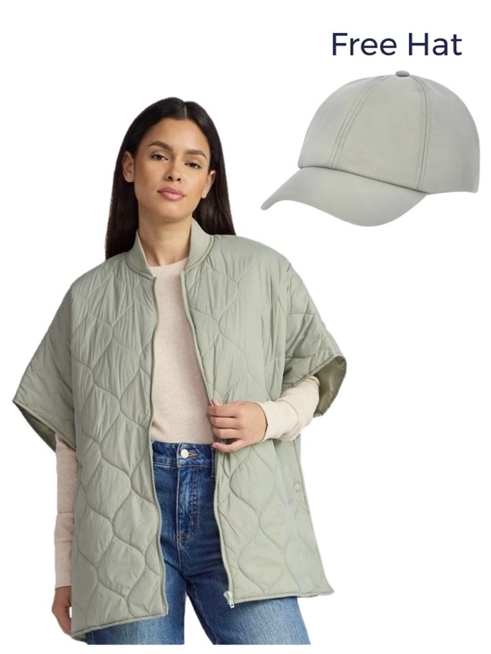 Time and Tru Jackets & Blazers - NWT Time and Tru Green Quilted Cape Puffer Poncho Jacket with Free Hat